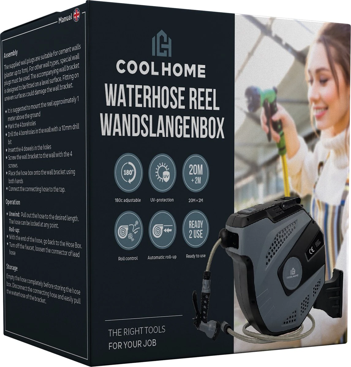 CoolHome - Wandslangenbox 20 Meter + 2 Meter - Tuinslang Met Haspel- Slangenhouder 180° Draaibaar - Tuinslanghaspel Zwart - Grijs - Afbeelding 9
