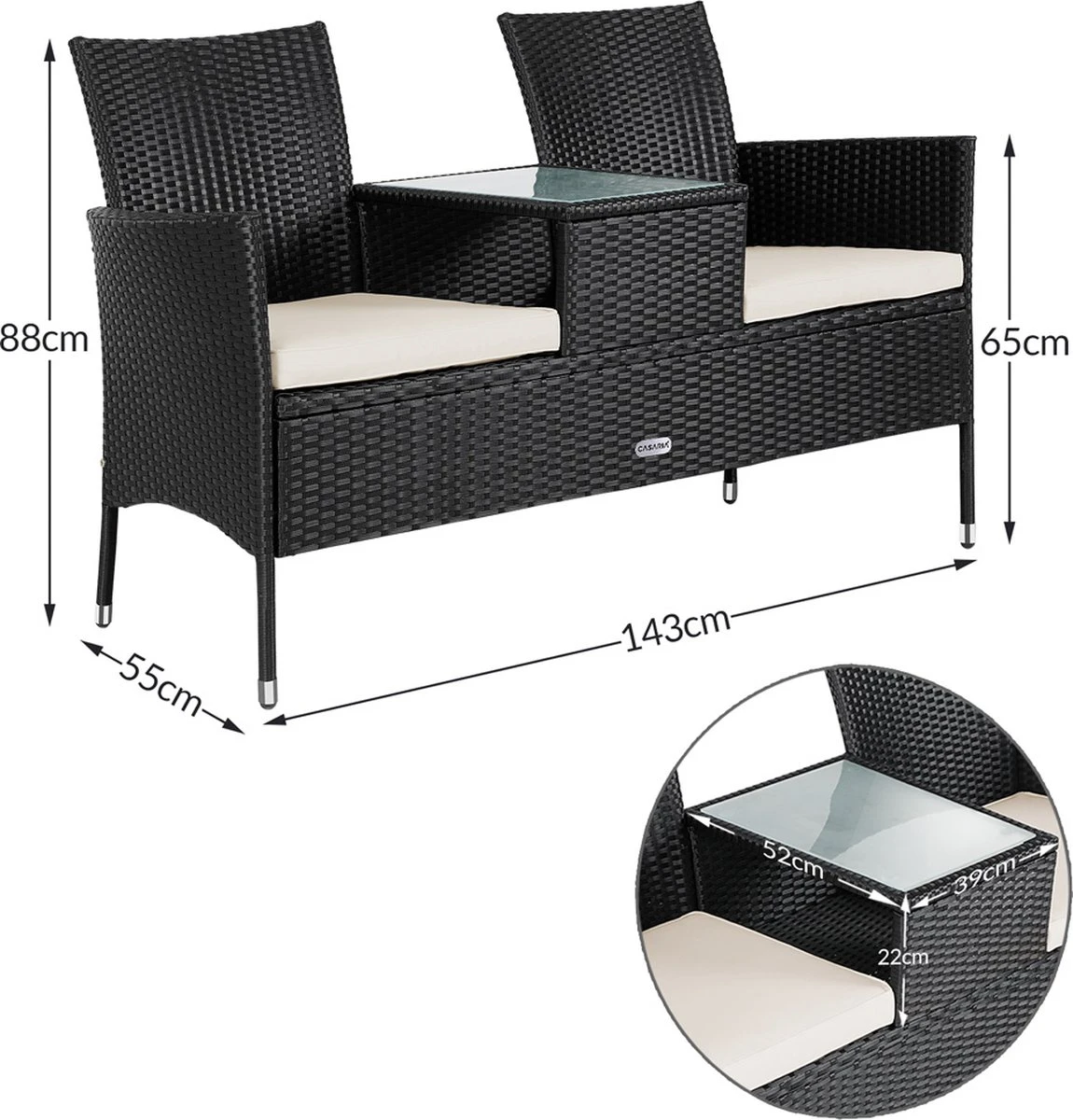 Casaria Polyrattan Tuinbank - Incl. Kussen - 143x55x88 Cm Zwart - Afbeelding 3