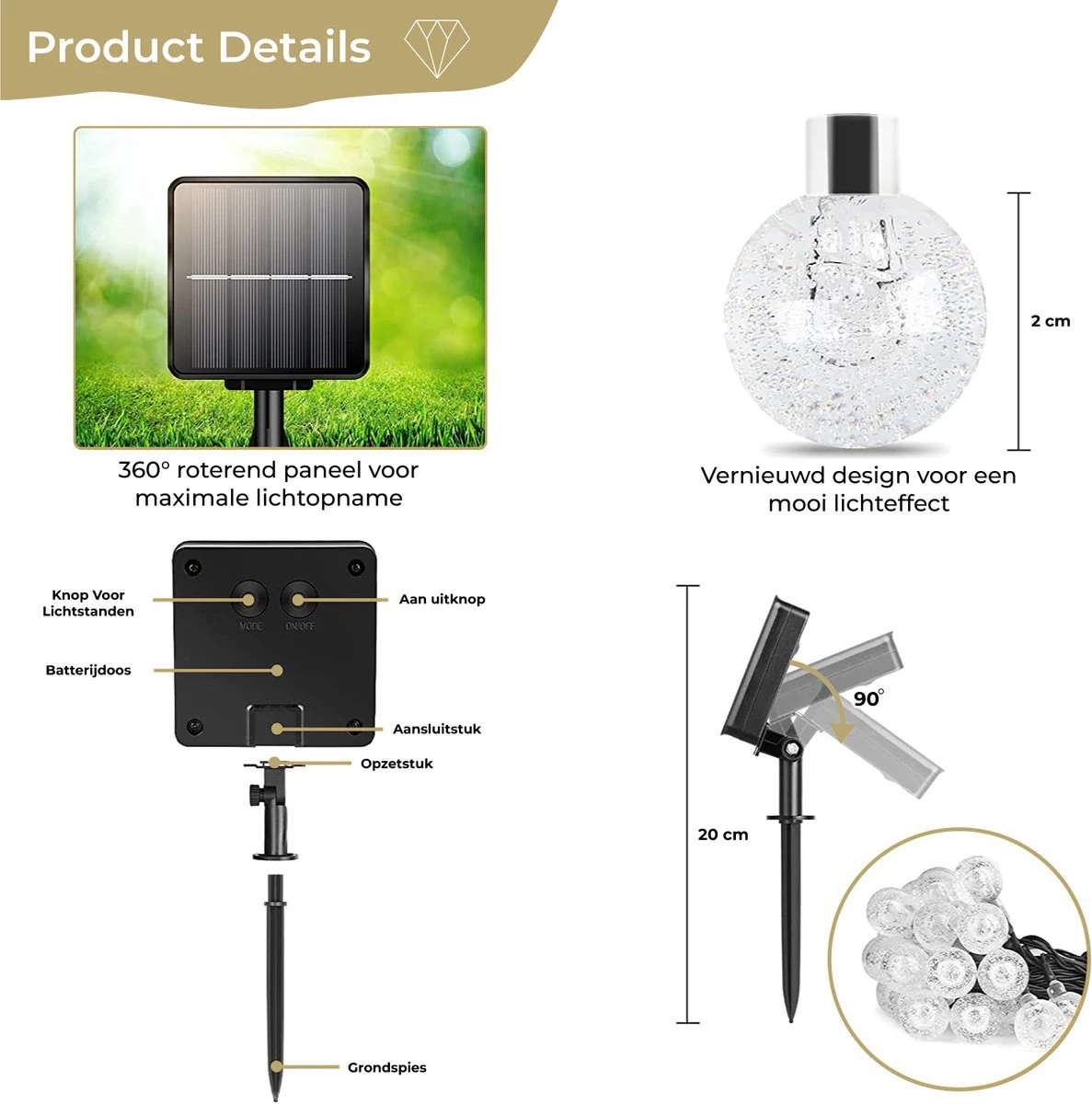 Homèlle Solar Lichtsnoer - 20 LED - 3 + 2 Meter - Warm-wit - ø2cm - Tuinverlichting Op Zonne-energie - Kerstverlichting - Buitenverlichting - Lichtslinger - Lampjes Slinger - Cristal - Afbeelding 6