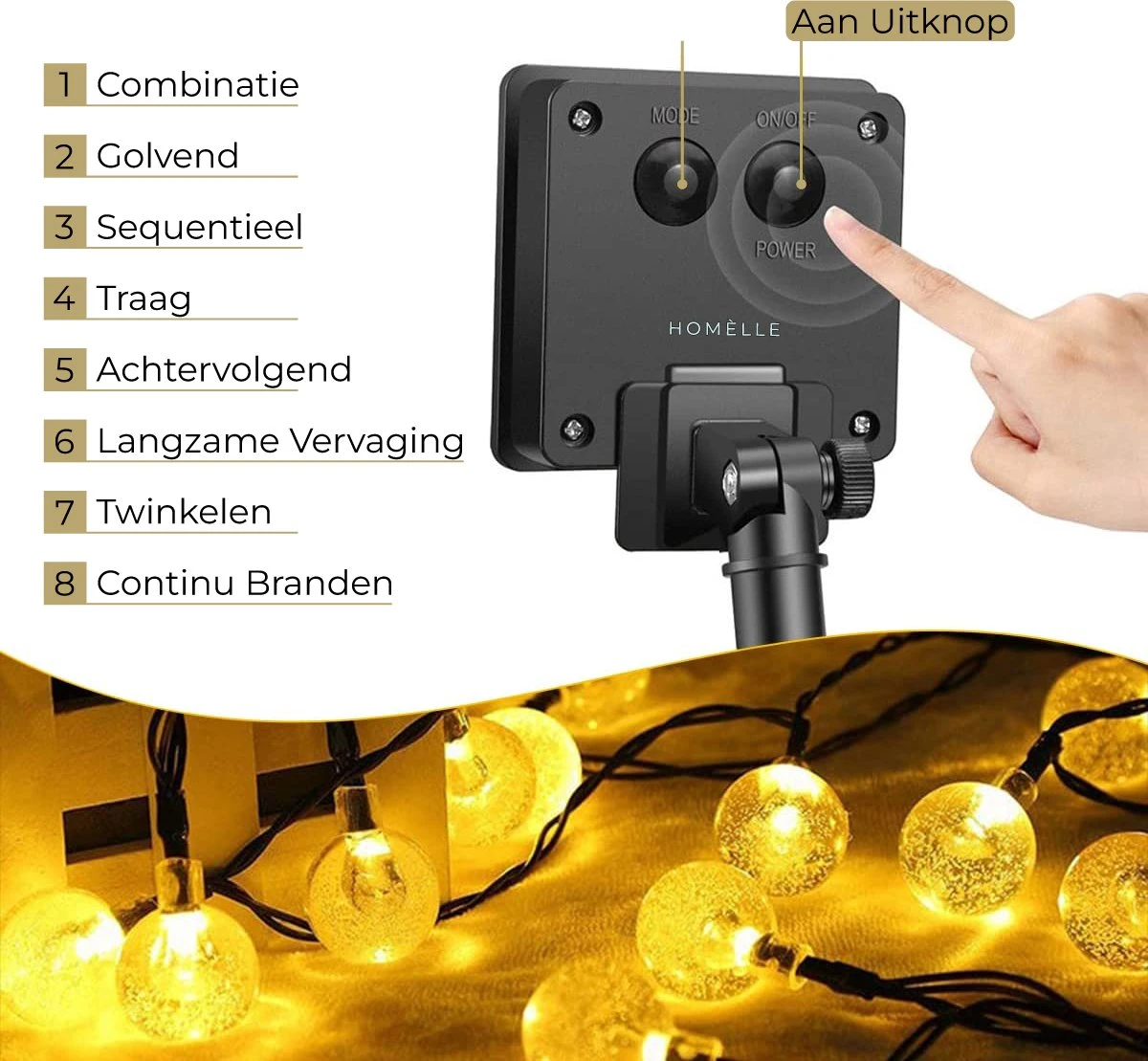 Homèlle Solar Lichtsnoer - 20 LED - 3 + 2 Meter - Warm-wit - ø2cm - Tuinverlichting Op Zonne-energie - Kerstverlichting - Buitenverlichting - Lichtslinger - Lampjes Slinger - Cristal - Afbeelding 5