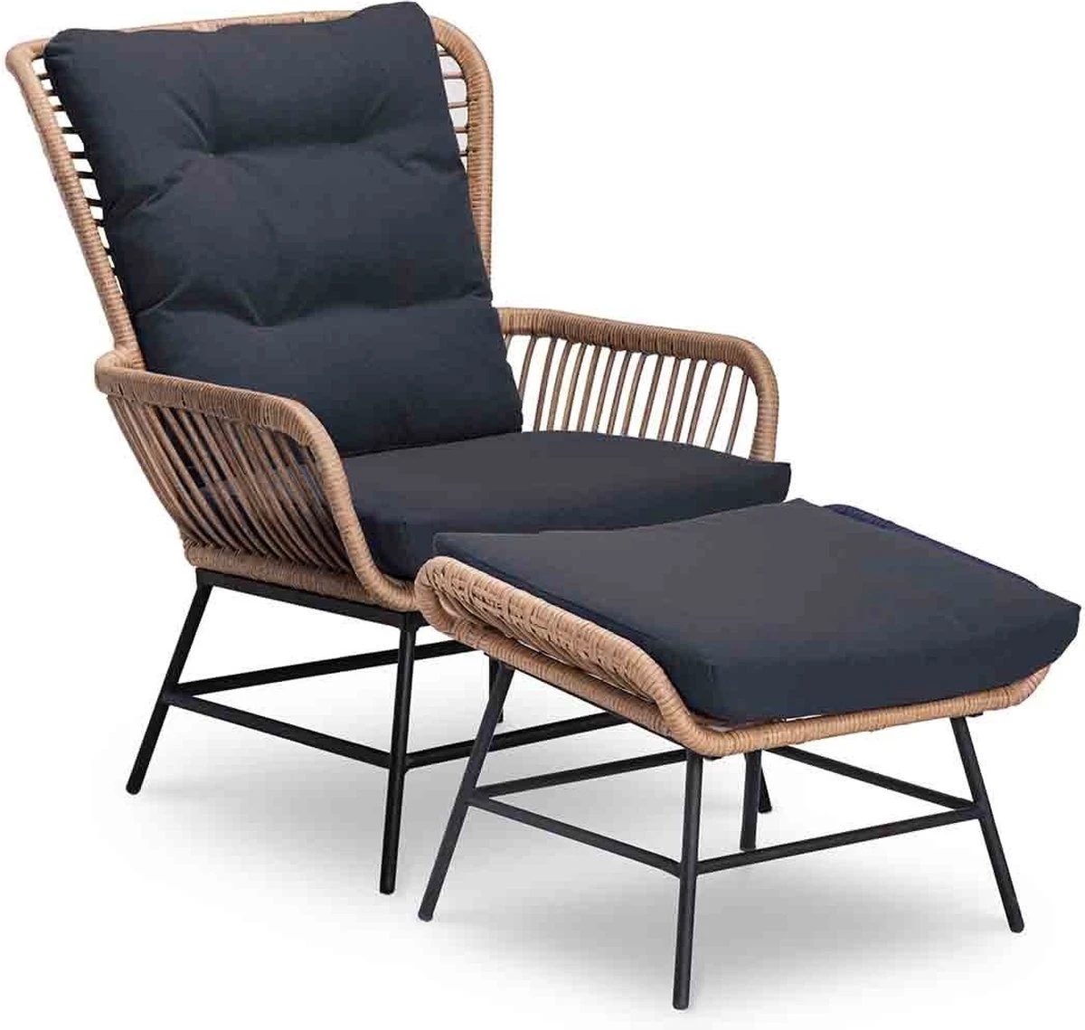 BUITEN Living Dex Wicker Loungestoel Tuin Incl. Wicker Voetenbank | Wicker + Aluminium | Bamboe Antraciet - Afbeelding 9