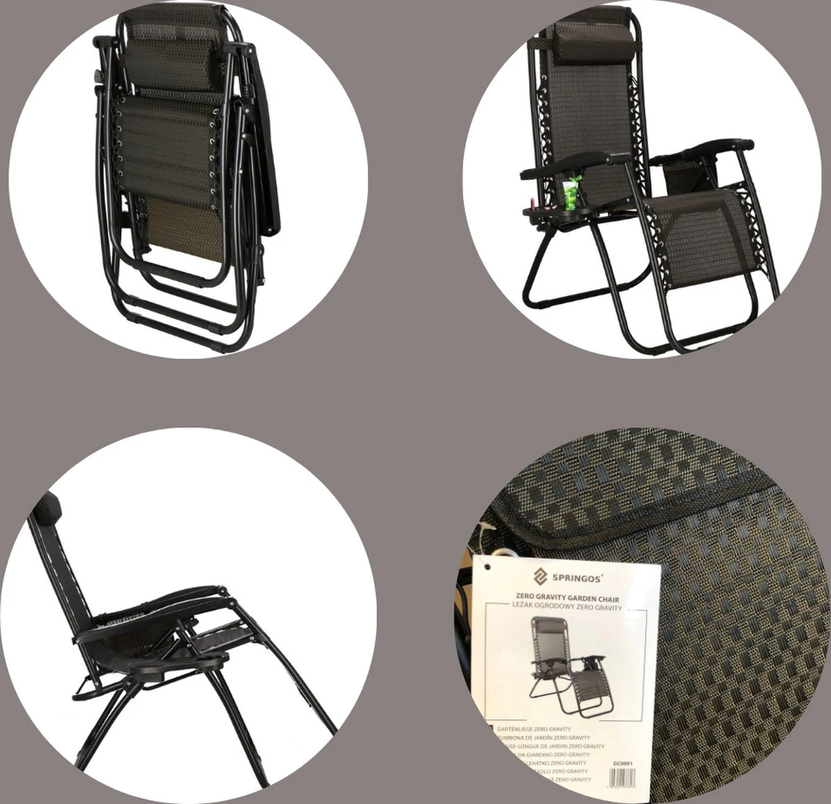 Springos Tuinstoel | Ligstoel | Opvouwbaar | Verstelbaar | Ergonomische Hoofdsteun | Bruin / Zwart - Afbeelding 2