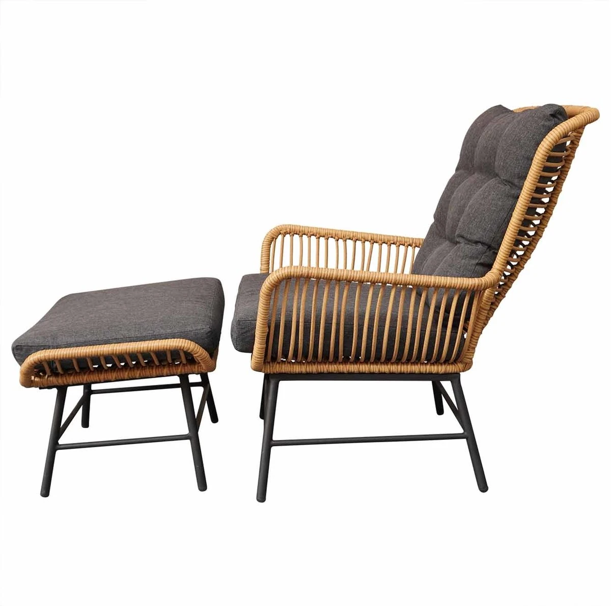 BUITEN Living Dex Wicker Loungestoel Tuin Incl. Wicker Voetenbank | Wicker + Aluminium | Bamboe Antraciet - Afbeelding 3