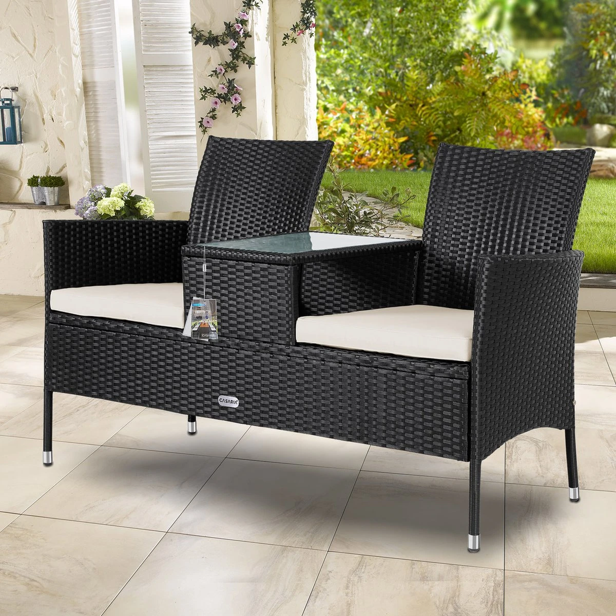 Casaria Polyrattan Tuinbank - Incl. Kussen - 143x55x88 Cm Zwart - Afbeelding 5