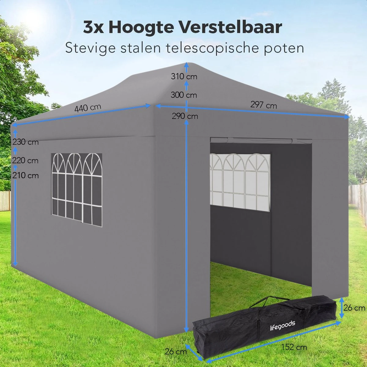 LifeGoods Partytent - 3x4.5 M - Zijwanden - Easy Up - Opvouwbaar - Waterdicht - Draagtas Met Wieltjes - Donkergrijs - Afbeelding 10