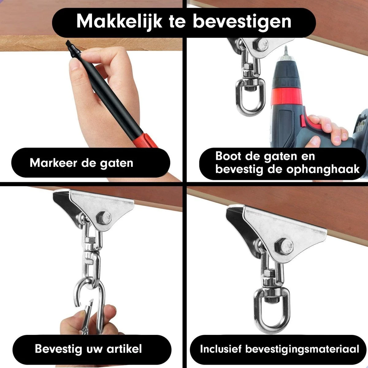 Luxe Ophangsysteem - 180° Schommelen, 360° Roteerbaar - Plafondhaak - Ophanghaak - Hangstoel Buiten - Hangstoel Binnen – Schommelstoel - Schommel - Bokszakken - RVS - Nederlandse Handleiding - - Afbeelding 2