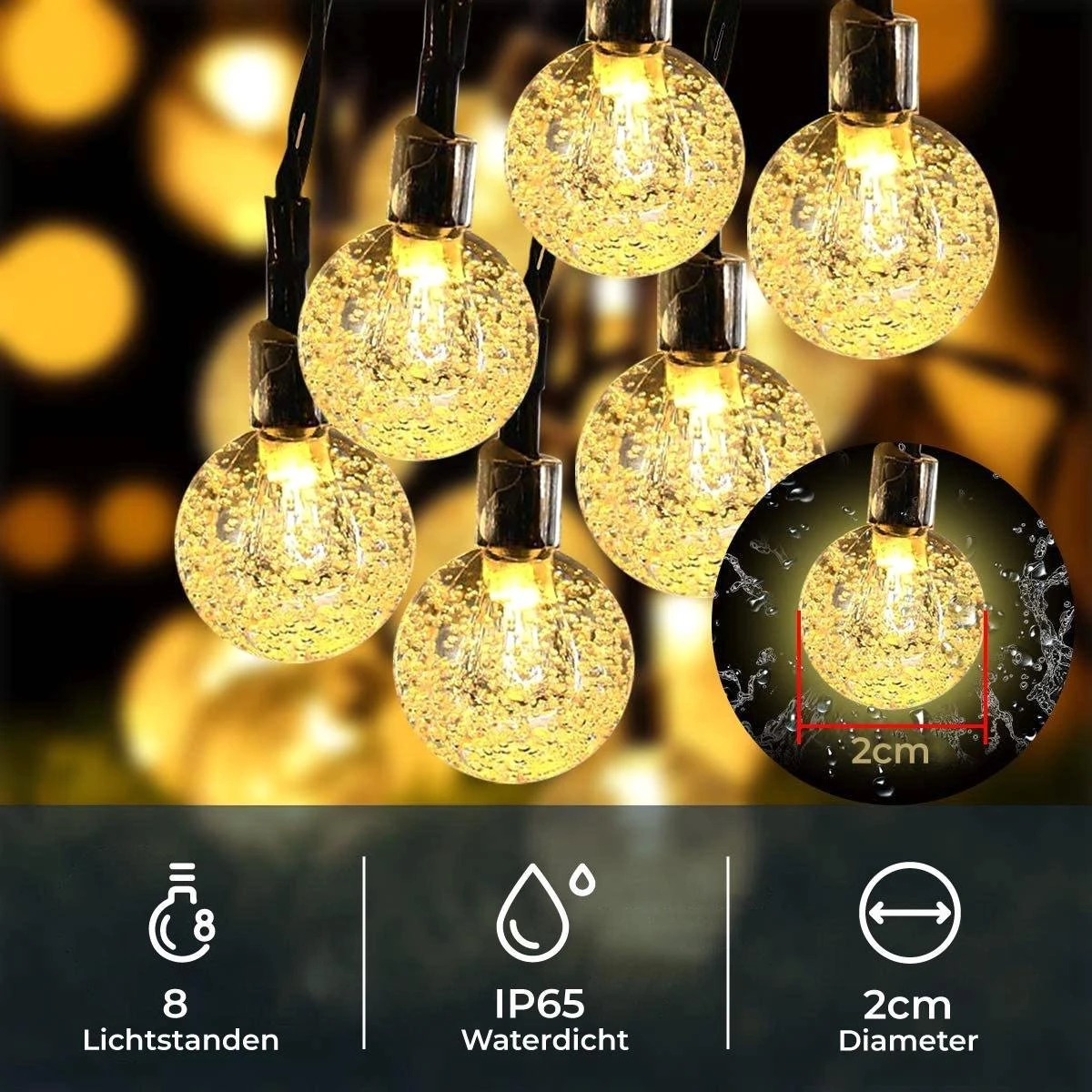 Homèlle Solar Lichtsnoer - 20 LED - 3 + 2 Meter - Warm-wit - ø2cm - Tuinverlichting Op Zonne-energie - Kerstverlichting - Buitenverlichting - Lichtslinger - Lampjes Slinger - Cristal - Afbeelding 2