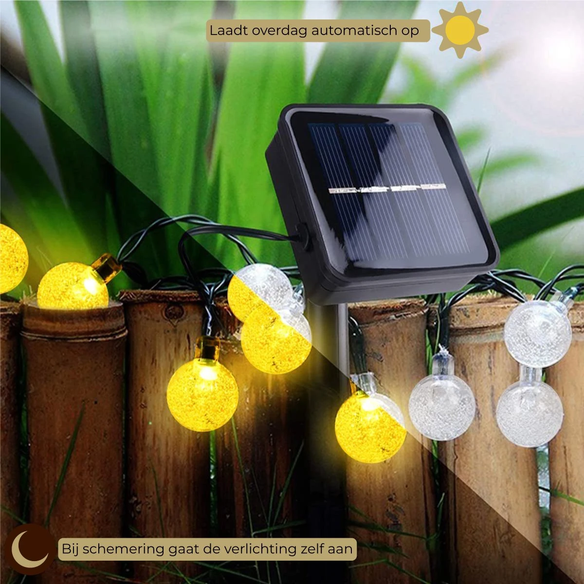 Homèlle Solar Lichtsnoer - 20 LED - 3 + 2 Meter - Warm-wit - ø2cm - Tuinverlichting Op Zonne-energie - Kerstverlichting - Buitenverlichting - Lichtslinger - Lampjes Slinger - Cristal - Afbeelding 3
