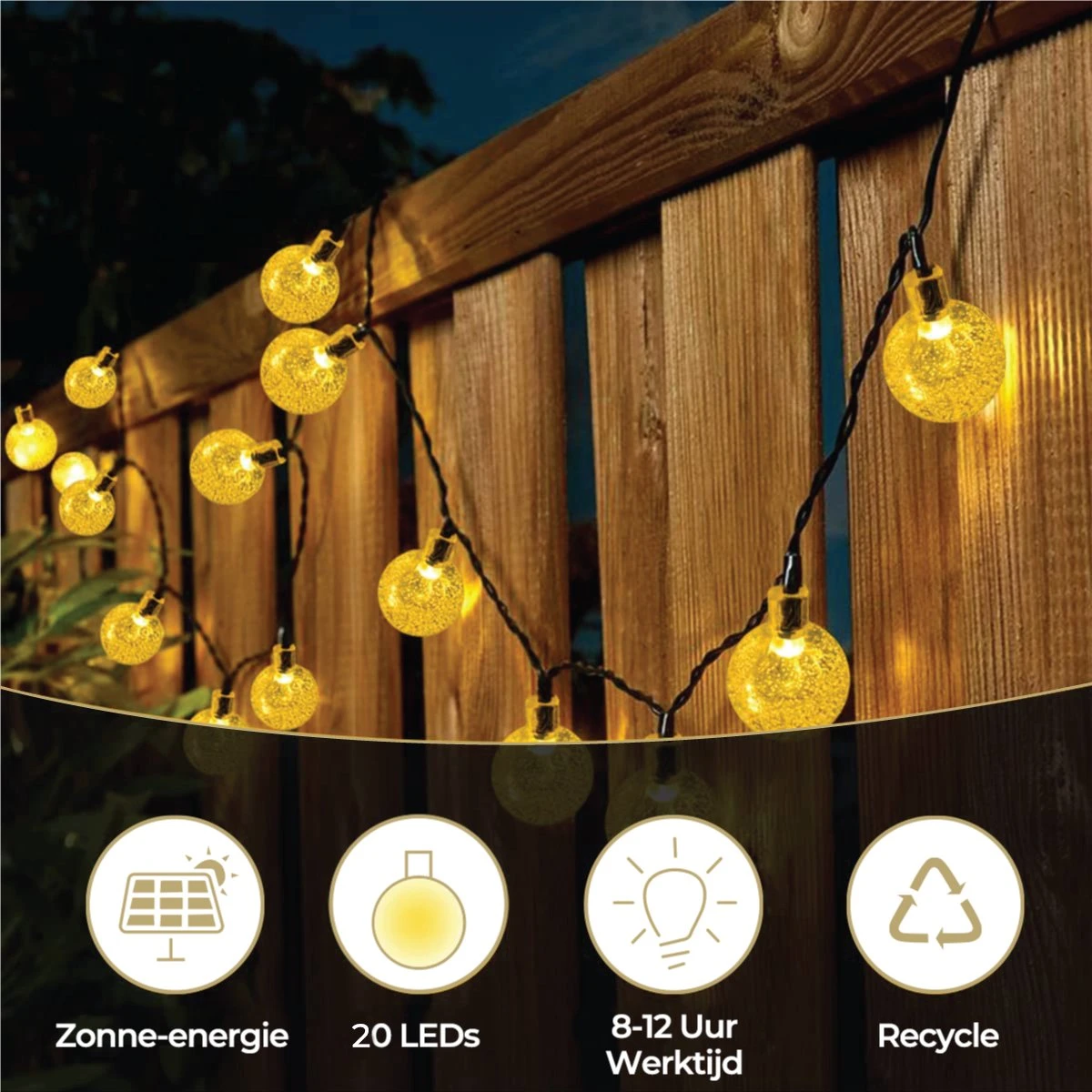 Homèlle Solar Lichtsnoer - 20 LED - 3 + 2 Meter - Warm-wit - ø2cm - Tuinverlichting Op Zonne-energie - Kerstverlichting - Buitenverlichting - Lichtslinger - Lampjes Slinger - Cristal - Afbeelding 4