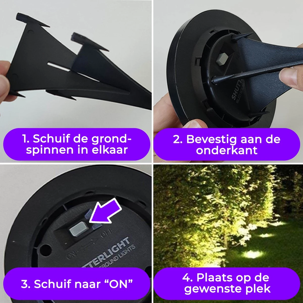 Shutterlight® 16 LED Solar Grondspot - Tuinverlichting - Zonlichtsensor - Zonne-energie - Matte Zwart - Warm Wit Licht - 4 Stuks - Buiten - Afbeelding 8