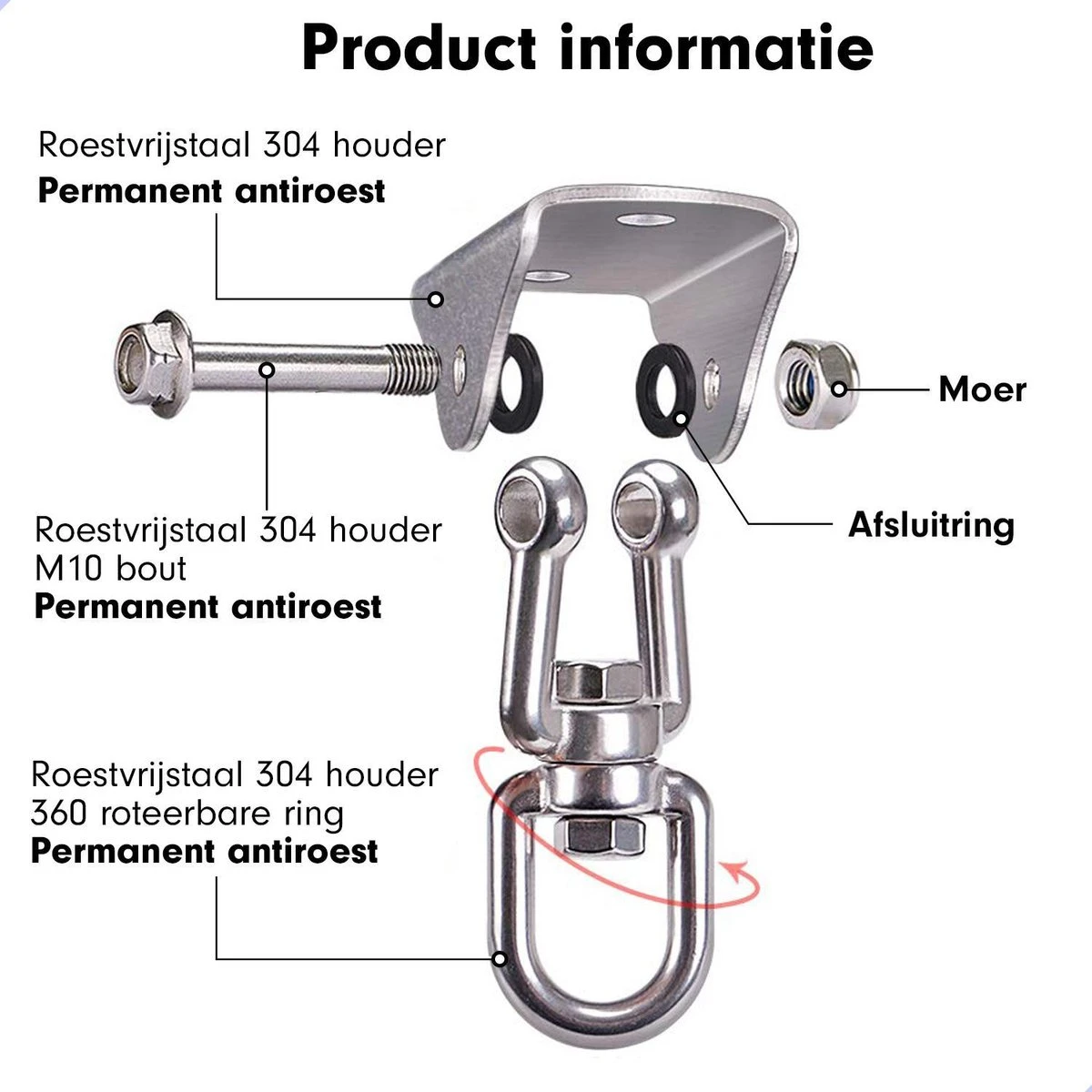 Luxe Ophangsysteem - 180° Schommelen, 360° Roteerbaar - Plafondhaak - Ophanghaak - Hangstoel Buiten - Hangstoel Binnen – Schommelstoel - Schommel - Bokszakken - RVS - Nederlandse Handleiding - - Afbeelding 9