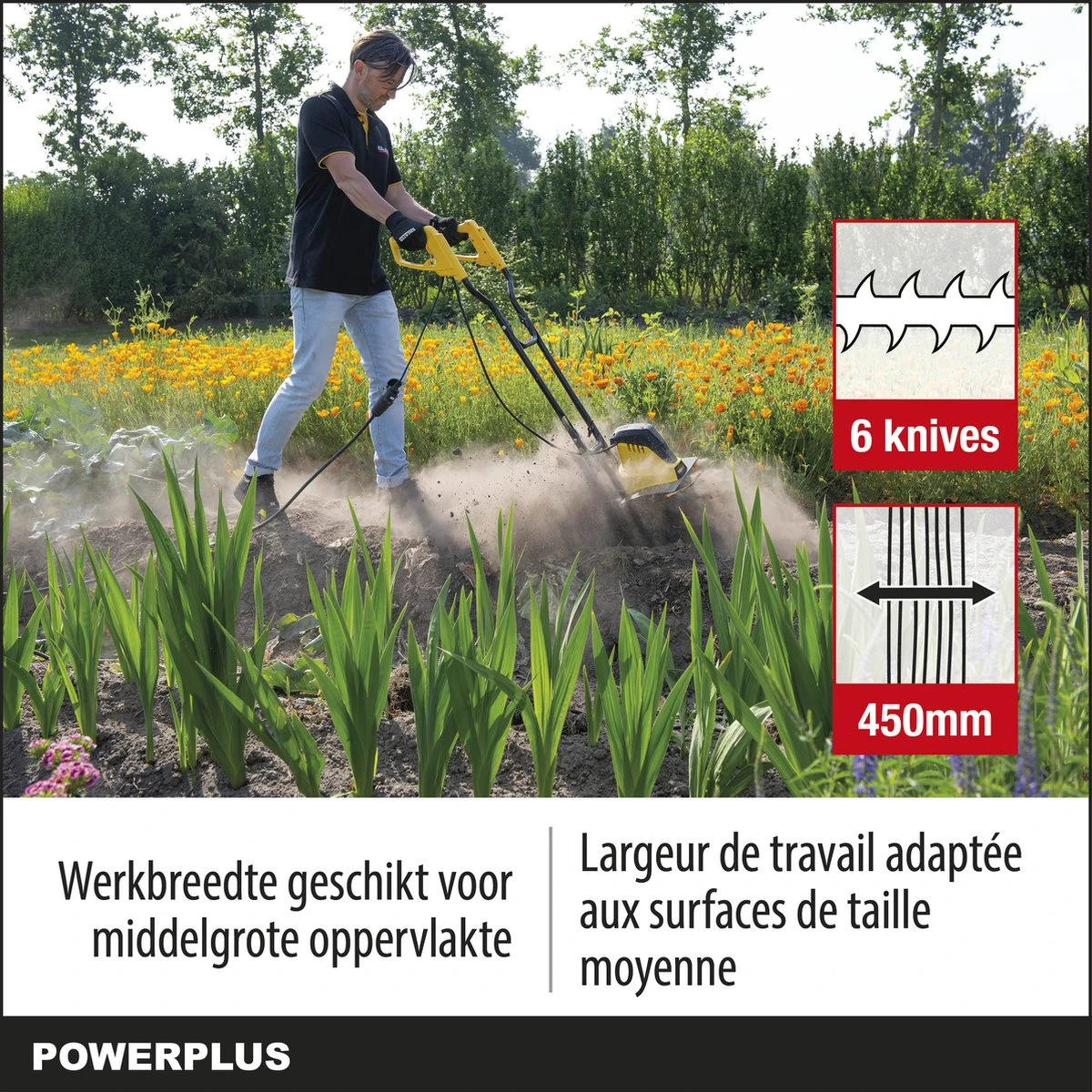 Powerplus POWXG72010 Tuinfrees - 1500W - Werkbreedte 450mm - Werkdiepte Max. 220mm - Incl. 6 Messen En Wielen - Afbeelding 6