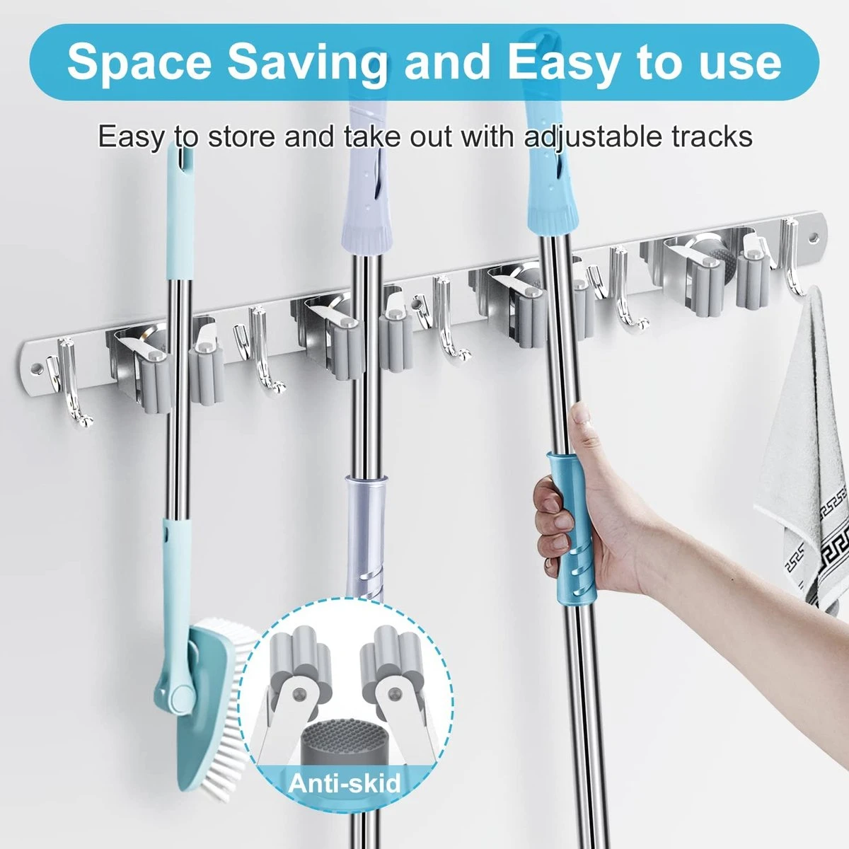 BOTC Bezemhouder - 5 Houders 6 Haken Bezem Ophangsysteem - Zeflklevend - Opbergsysteem - Ophanghaken - Tuingereedschap - Gereedschap Opbergen - Afbeelding 3