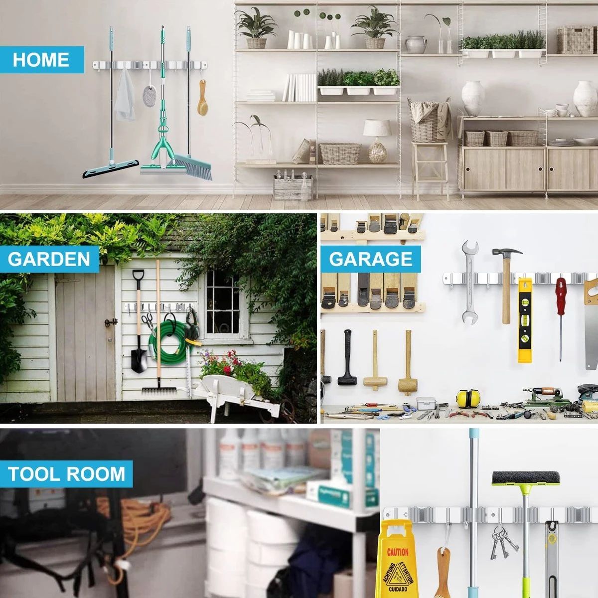 BOTC Bezemhouder - 5 Houders 6 Haken Bezem Ophangsysteem - Zeflklevend - Opbergsysteem - Ophanghaken - Tuingereedschap - Gereedschap Opbergen - Afbeelding 4