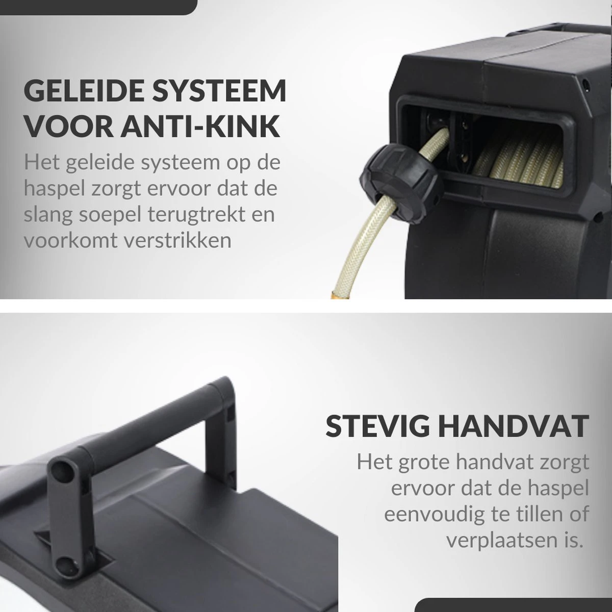 Buxibo - Wandslangenbox 20 Meter + 2 Meter - Tuinslang Met Haspel - 9 Sproei Standen - Slangenhouder 180° Draaibaar - Tuinslanghaspel Zwart+ Gratis Sproeier - Zwart - Afbeelding 7