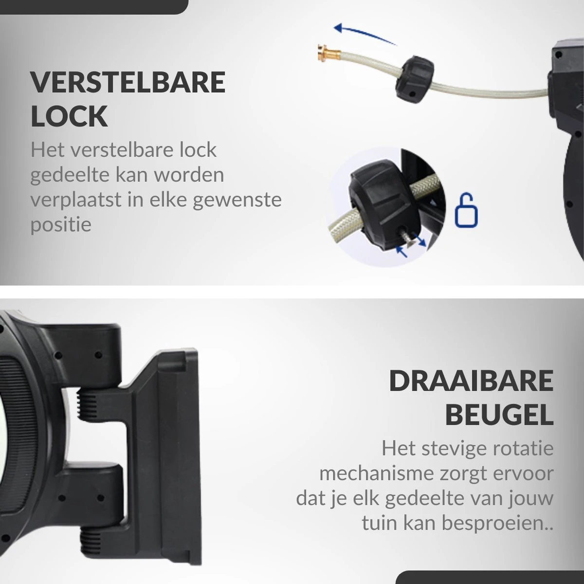 Buxibo - Wandslangenbox 20 Meter + 2 Meter - Tuinslang Met Haspel - 9 Sproei Standen - Slangenhouder 180° Draaibaar - Tuinslanghaspel Zwart+ Gratis Sproeier - Zwart - Afbeelding 10