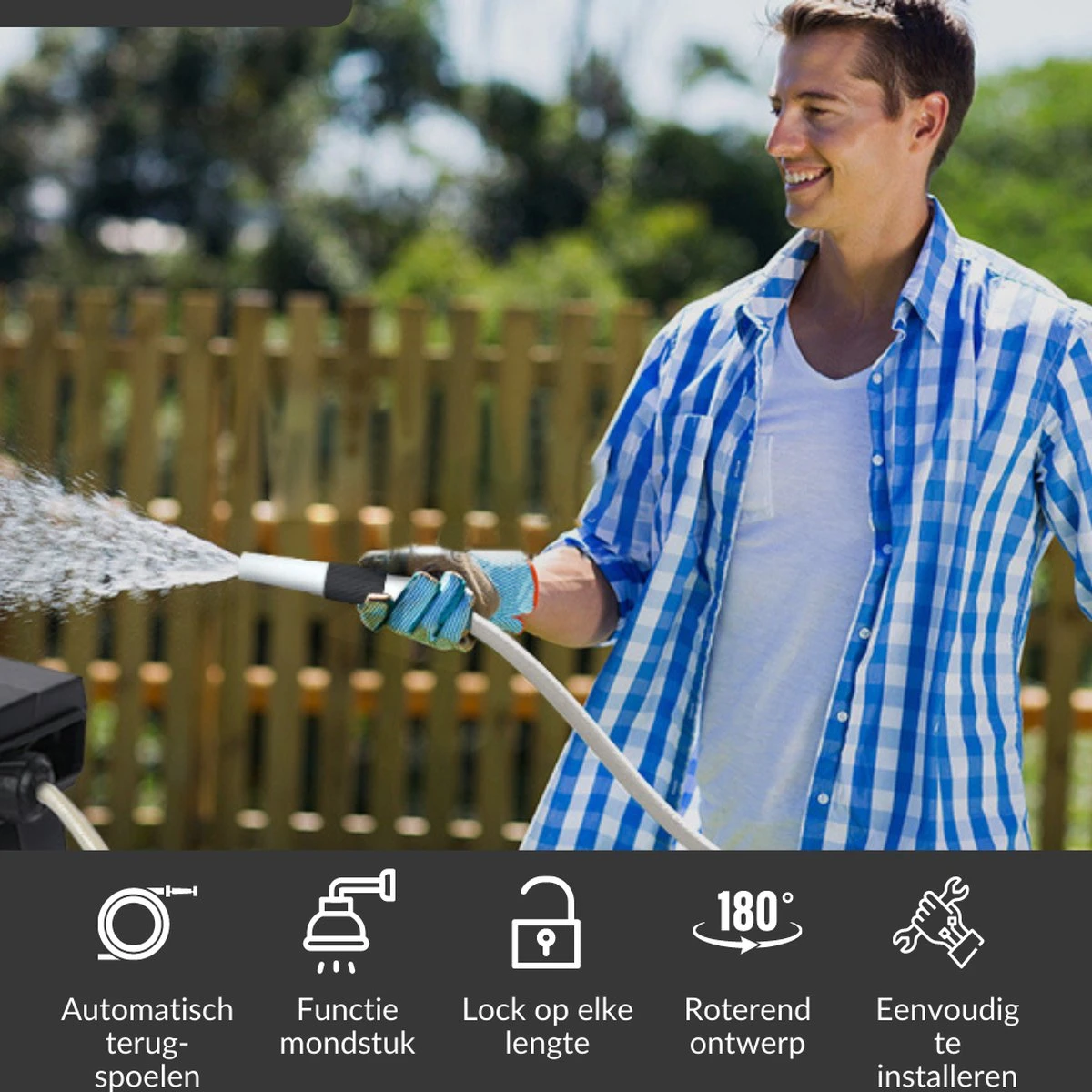 Buxibo - Wandslangenbox 20 Meter + 2 Meter - Tuinslang Met Haspel - 9 Sproei Standen - Slangenhouder 180° Draaibaar - Tuinslanghaspel Zwart+ Gratis Sproeier - Zwart - Afbeelding 13