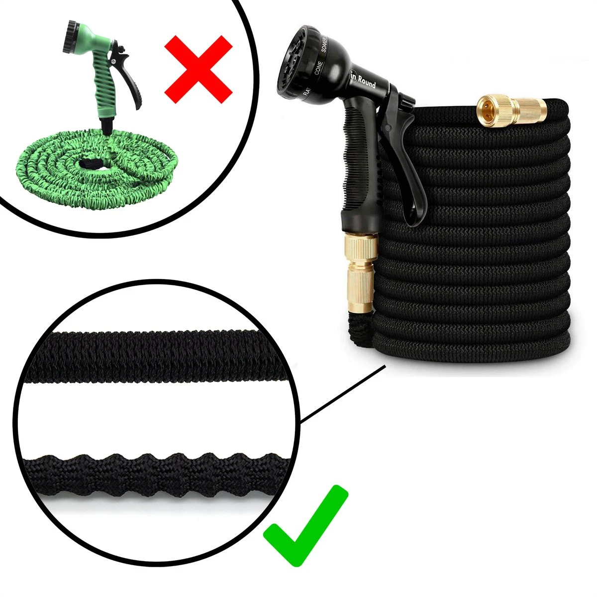 In Round Flexibele Tuinslang – 22,5 Meter – Sproeikop, Tuinslanghouder - Afbeelding 3