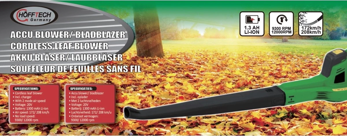 Hofftech Draadloze Bladblazer Met Accu - 20 V 1300 Mah - Afbeelding 2