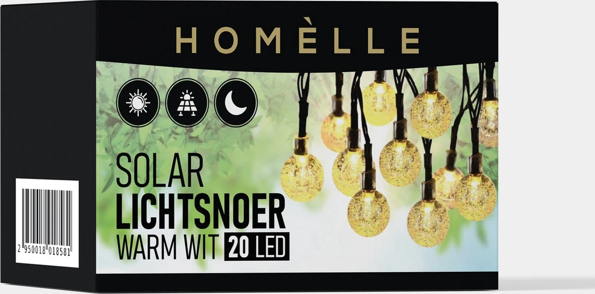 Homèlle Solar Lichtsnoer - 20 LED - 3 + 2 Meter - Warm-wit - ø2cm - Tuinverlichting Op Zonne-energie - Kerstverlichting - Buitenverlichting - Lichtslinger - Lampjes Slinger - Cristal - Afbeelding 8