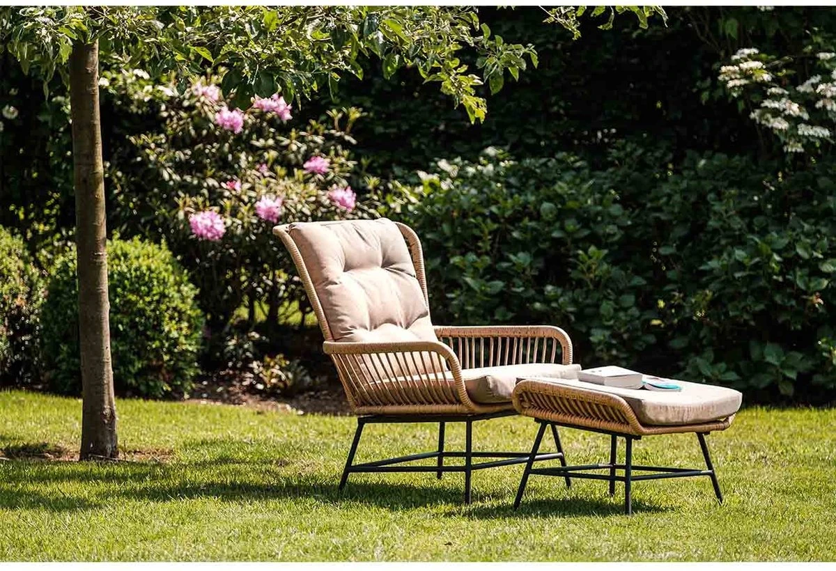BUITEN Living Dex Wicker Loungestoel Tuin Incl. Wicker Voetenbank | Wicker + Aluminium | Bamboe Antraciet - Afbeelding 8