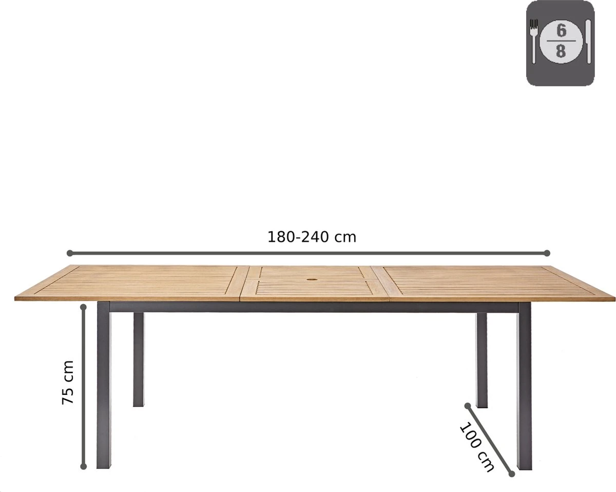 NATERIAL - Uitschuifbare Tuintafel ORIS - Uitschuifbare Tafel Voor 6 Tot 8 Personen - 180-240x100 Cm - Aluminium - Hout Eucalyptus - Afbeelding 3